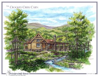 The Crooked Creek log cabin plan rendering