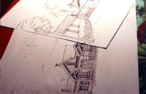 Detail of architectural cabin plan renderings