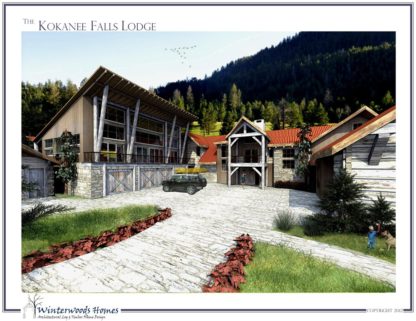 Perspective rendering of drive of The Kokanee Falls Lodge modern cabin design