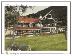Perspective rendering of deck of The Kokanee Falls Lodge modern cabin design
