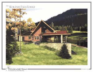 Perspective rendering of side view of The Kokanee Falls Lodge modern cabin design