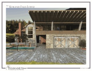 Perspective rendering of pool and patio of The Kokanee Falls Lodge modern cabin design