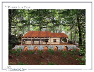 Front perspective rendering of Phillips Lake Camp cottage home plan