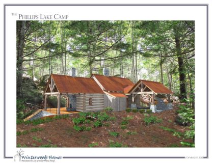 Left-side perspective rendering of Phillips Lake Camp cottage home plan
