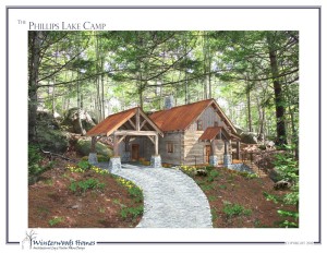 Perspective rendering of driveway of Phillips Lake Camp cottage home plan