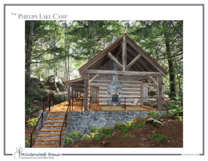Perspective rendering of patio of Phillips Lake Camp cottage home plan