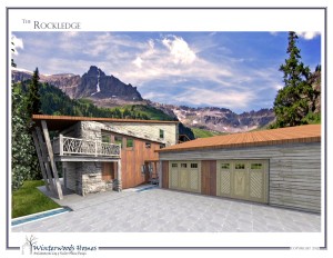 Perspective rendering of garage of The Rockledge modern cabin design
