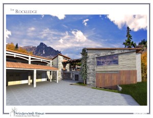 Perspective rendering of drive and entry of The Rockledge modern cabin design