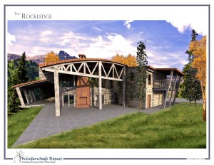Perspective rendering of patio of The Rockledge modern cabin design