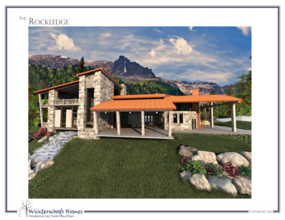 Perspective rendering of patio of The Rockledge modern cabin design