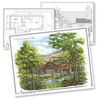 Architectural plans and renderings of cabins