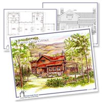 Architectural plans and renderings of log cabins