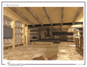 Perspective rendering of great room of The Ironwood modern cabin design
