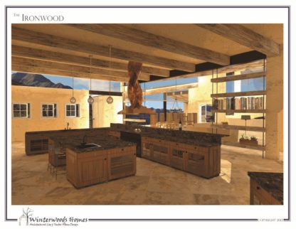 Perspective rendering of kitchen of The Ironwood modern cabin design