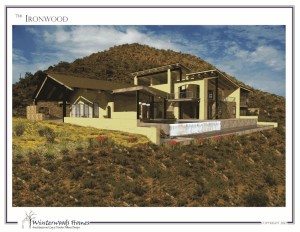 Perspective rendering of left side of The Ironwood modern cabin design