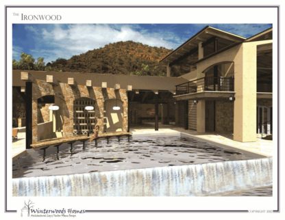 Perspective rendering of pool and bar of The Ironwood modern cabin design
