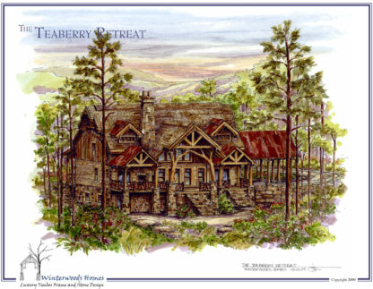 The Teaberry Retreat log cabin plan rendering