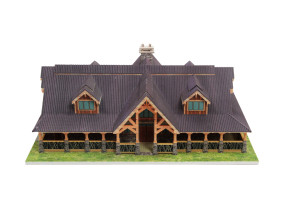 Front of 3D model of our Checkerberry log house plan