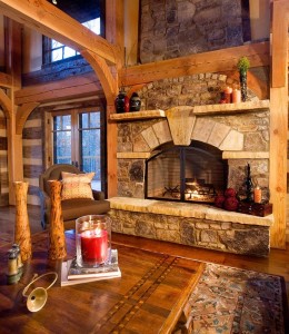 Modern log cabin fireplace design