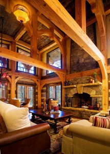Lofted ceilings and beams in one of our log home plans