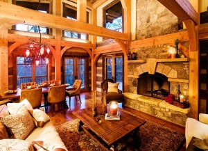 Living and dining rooms in one of our log home plans