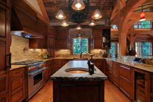 Long view of kitchen in a cabin design