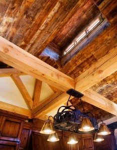 View of beams, ceiling, and skylights in our cabin design