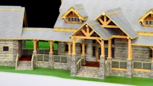3D cabin design detail of front steps and entry