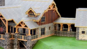 3D cabin design detail of covered exterior walkway