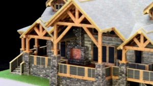 3D cabin design detail of fireplace and rear entrance